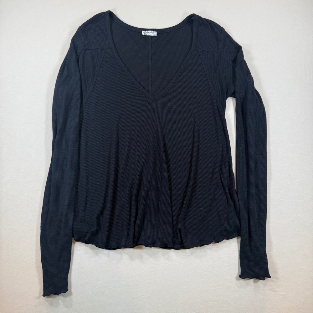 Intimately Free People Womens XS Black Ribbed V-Neck Long Sleeve Lettuce Top